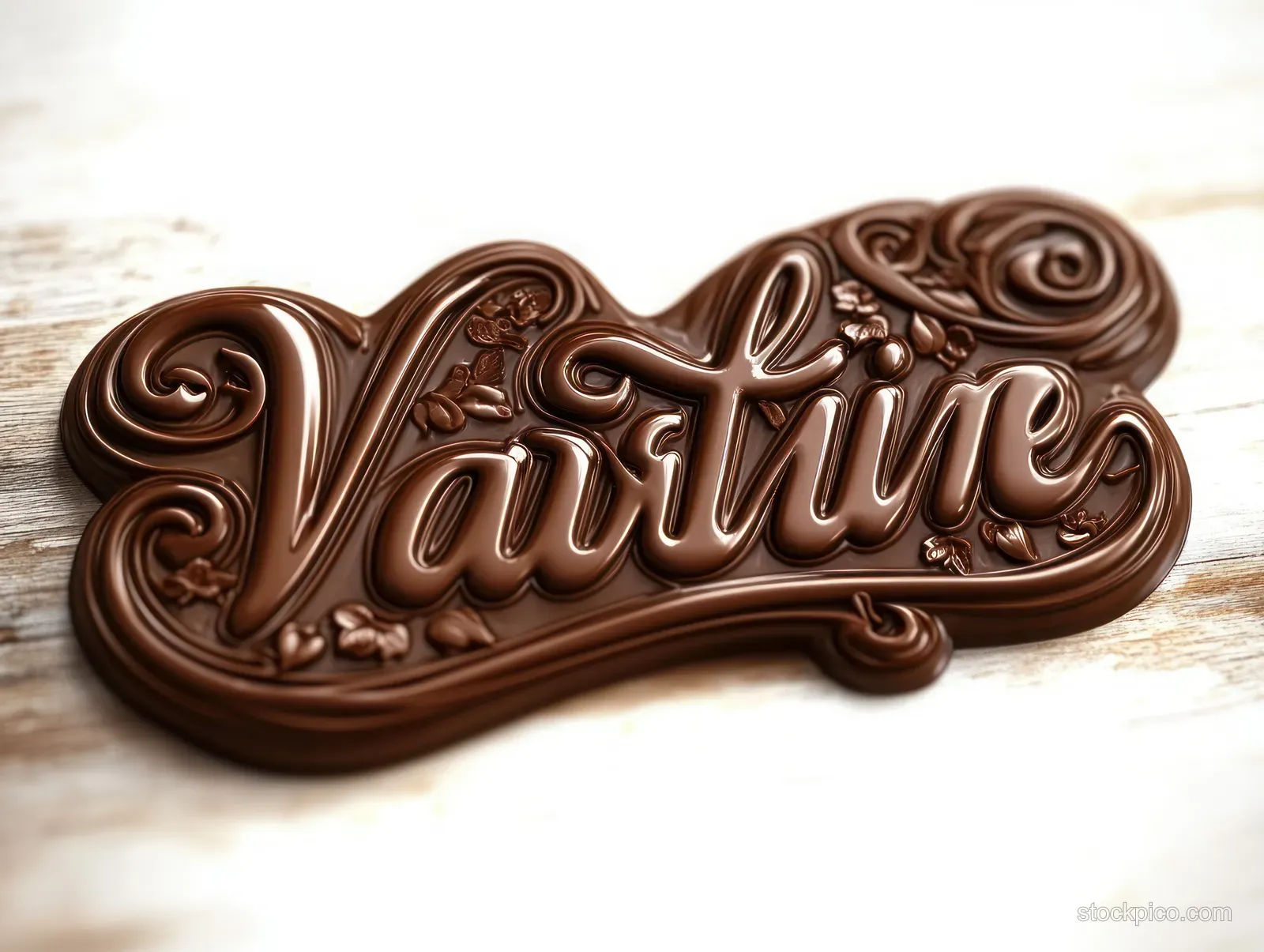 Glossy dark chocolate cursive lettering with decorative swirls and cocoa bean accents on a light wooden background.