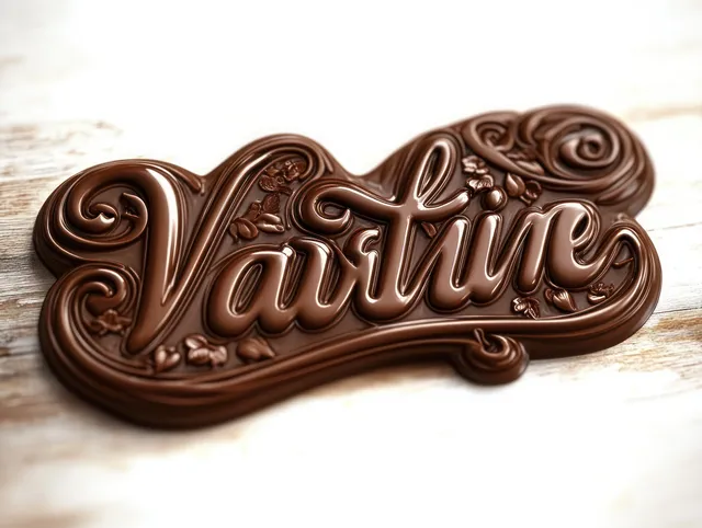 Glossy dark chocolate cursive lettering with decorative swirls and cocoa bean accents on a light wooden background.
