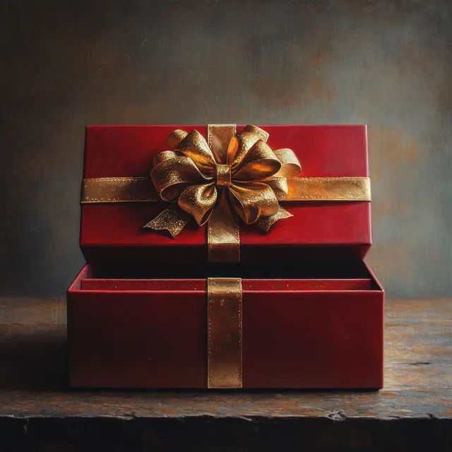 Stacked red gift boxes with a golden bow sit on a wooden surface under warm light.