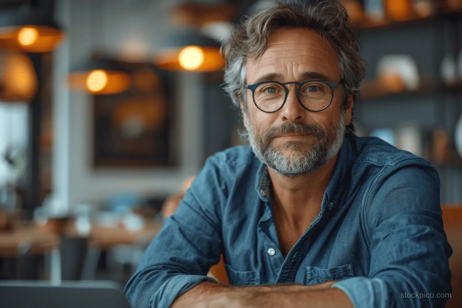 Middle-aged man with gray beard and glasses in a blue shirt sits in a warm, cozy cafe booth.