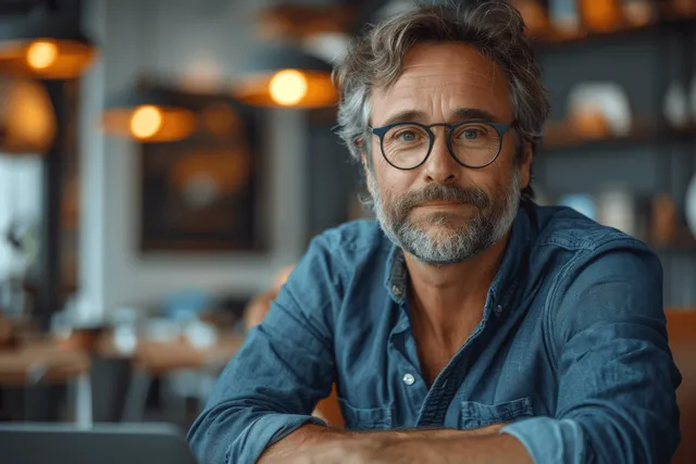 Middle-aged man with gray beard and glasses relaxing in a warm lit cafe booth