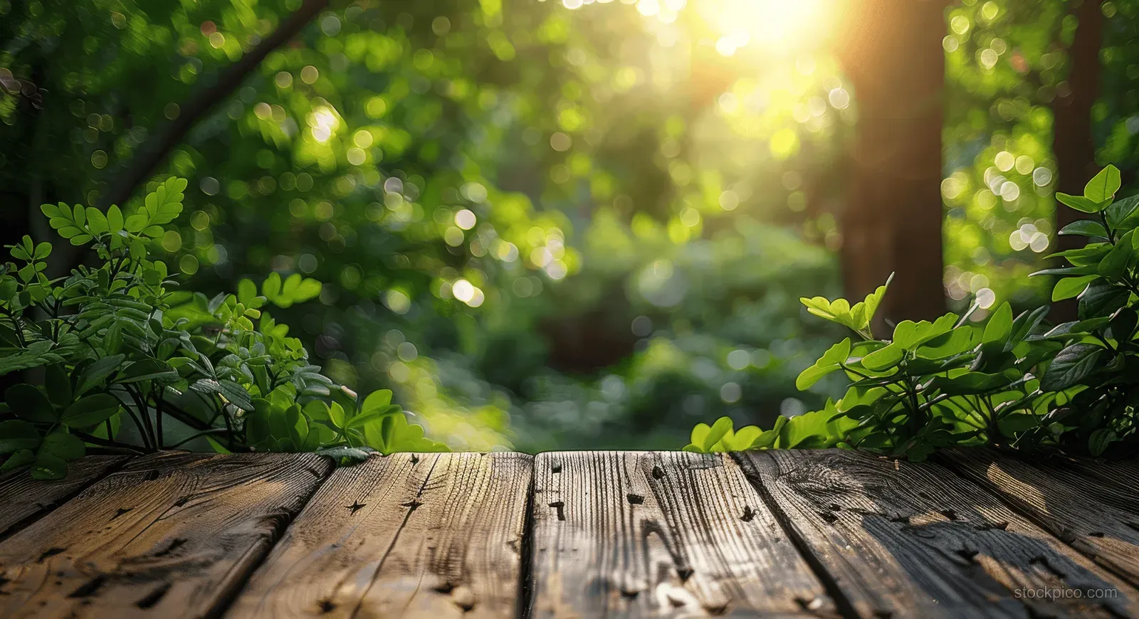 Sunlight streams through trees over a weathered wooden deck surrounded by green leaves.
