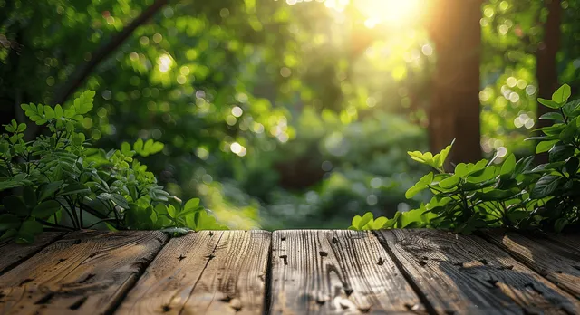 Sunlit forest leaves frame a weathered wooden deck in a tranquil morning glow
