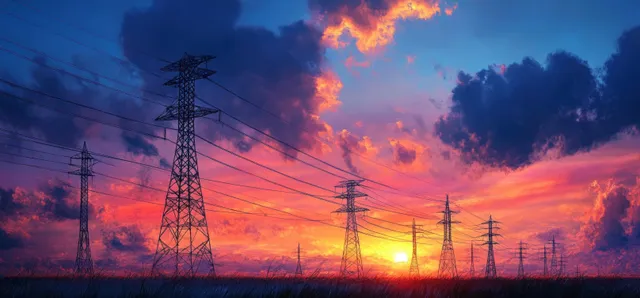 Power transmission towers and cables silhouetted against a vivid sunset sky with dramatic clouds.