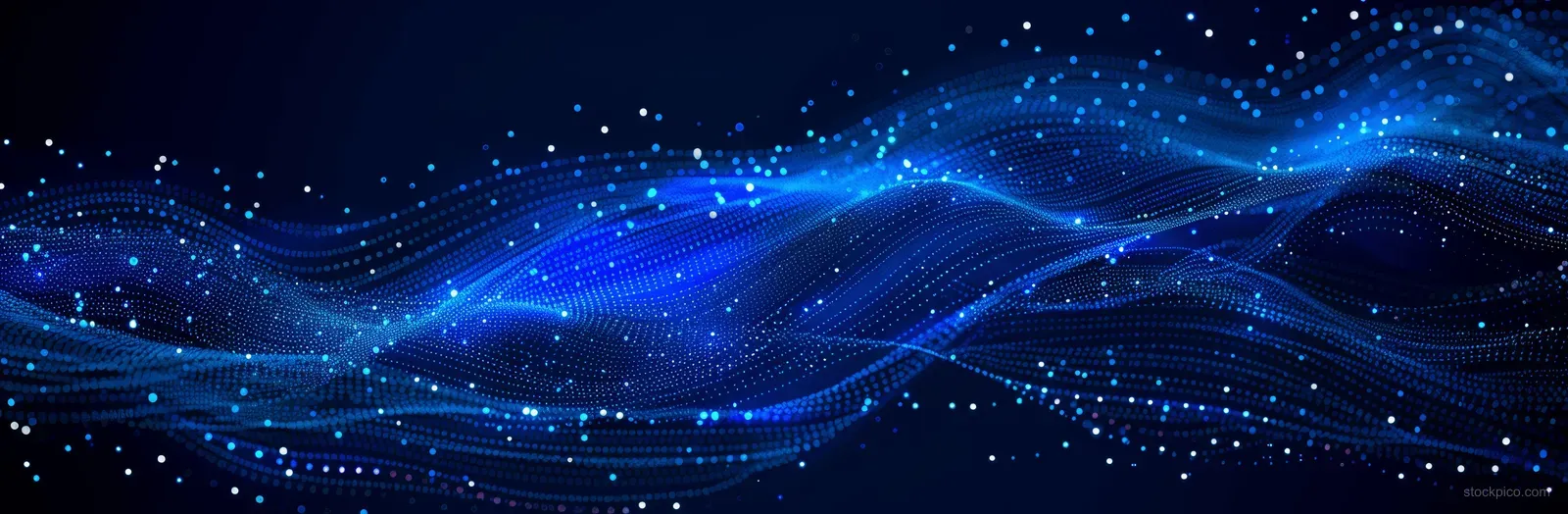 Glowing blue wave lines and connected dots ripple across a dark futuristic network background.