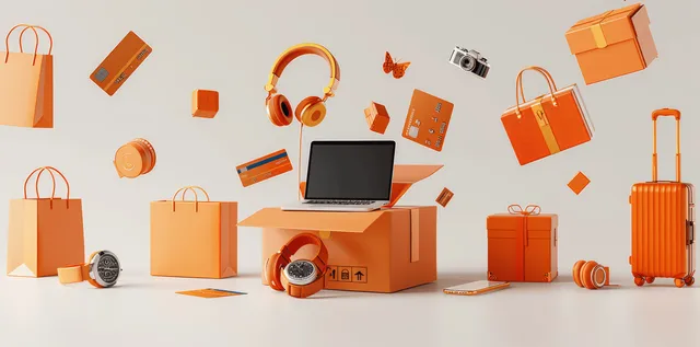 An open parcel box sits center with floating shopping items, headphones, and credit cards around a small delivery setup.