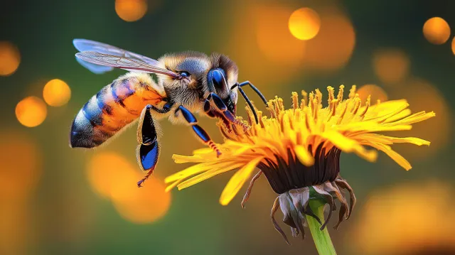 Honeybee gathers nectar from a yellow flower while warm golden bokeh lights blur in the background.