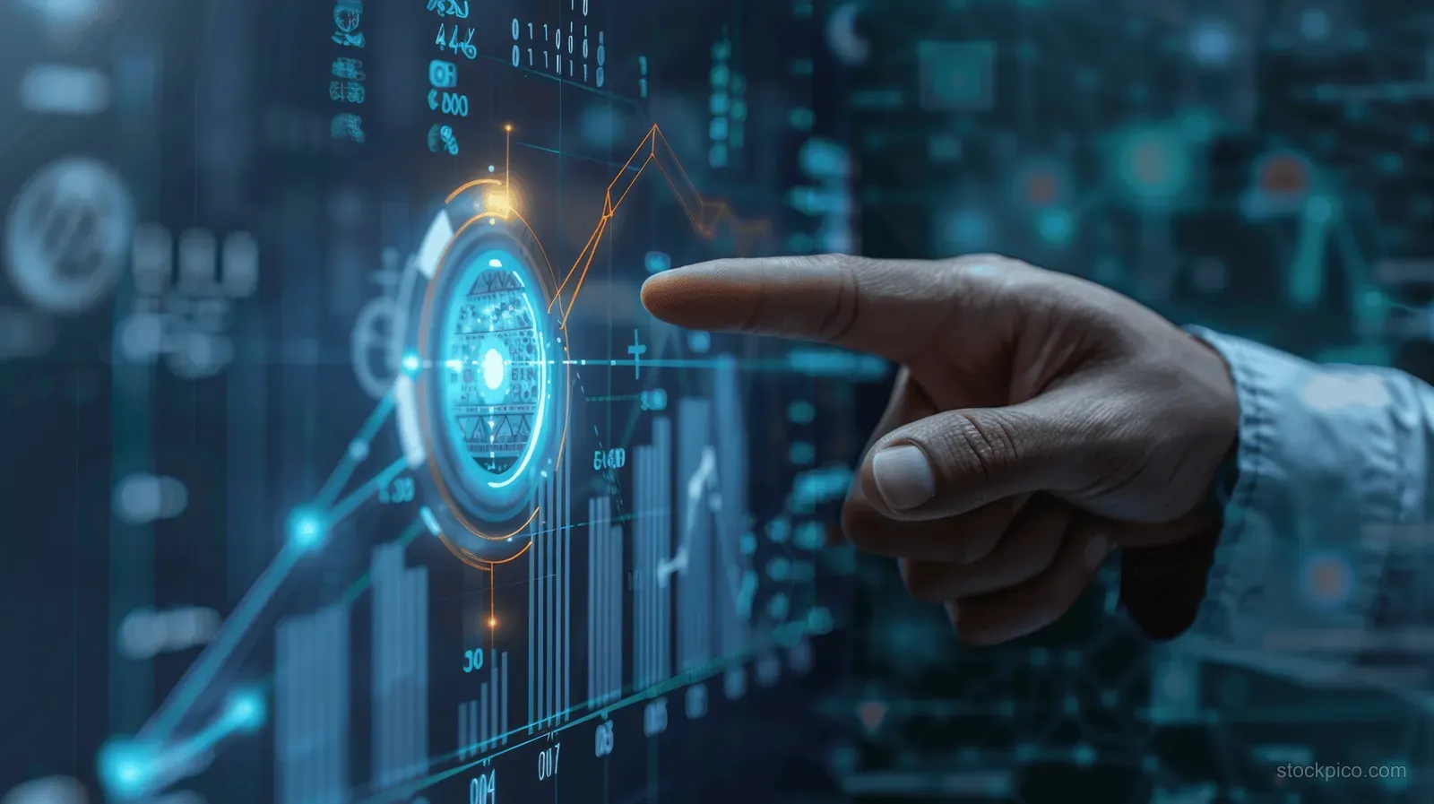 A businessman’s hand points at glowing holographic finance charts and data graphs on a dark digital backdrop.