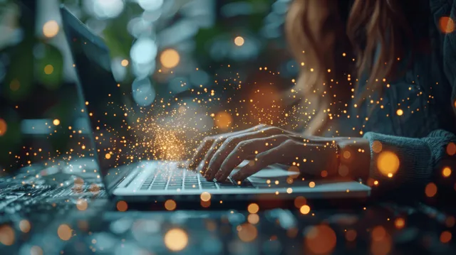 A businesswoman types on a laptop in an office with warm natural light and blurred background lights.