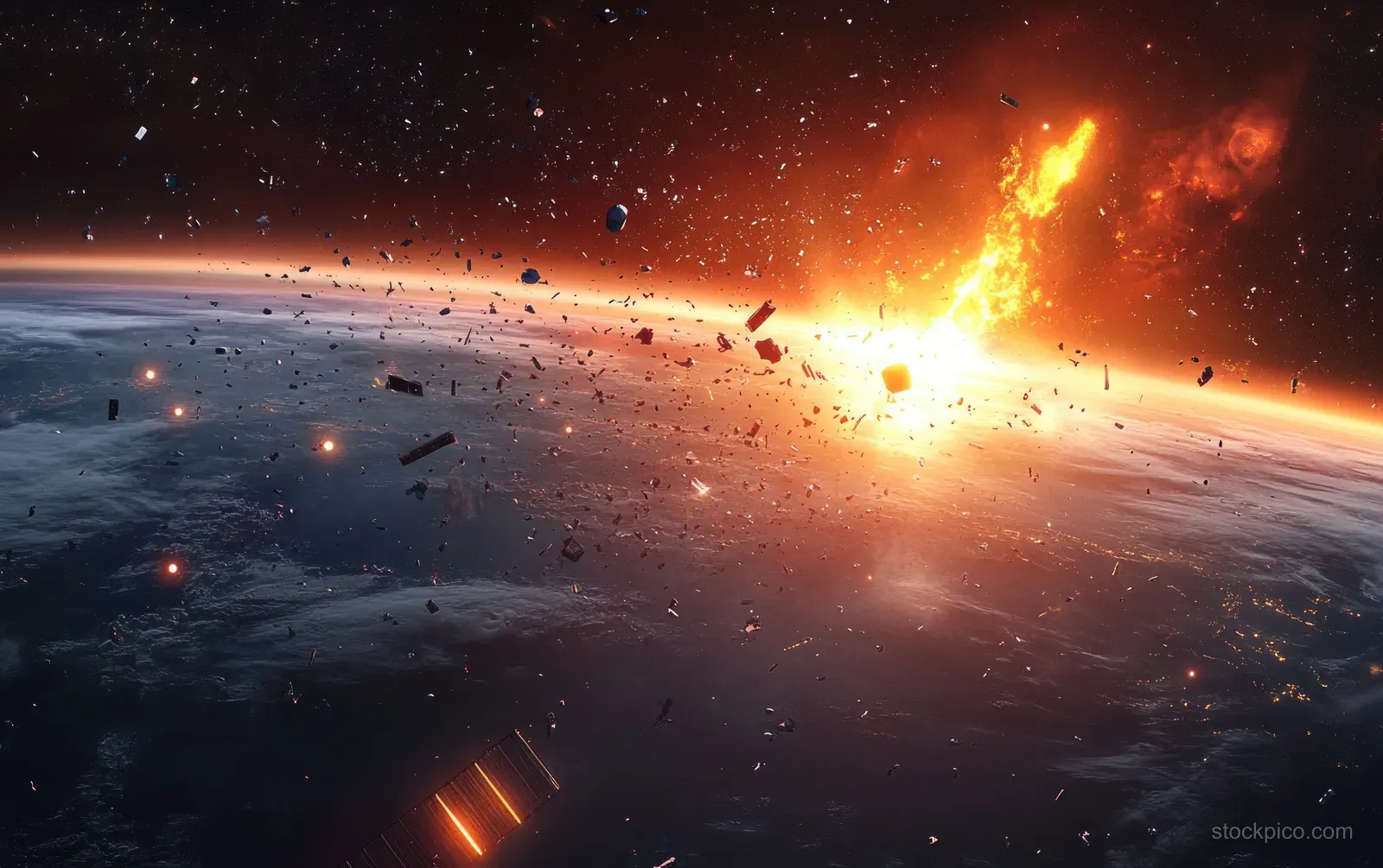 Satellite debris and flaming fragments streak past Earth’s curved edge during a sunset-lit orbital explosion.