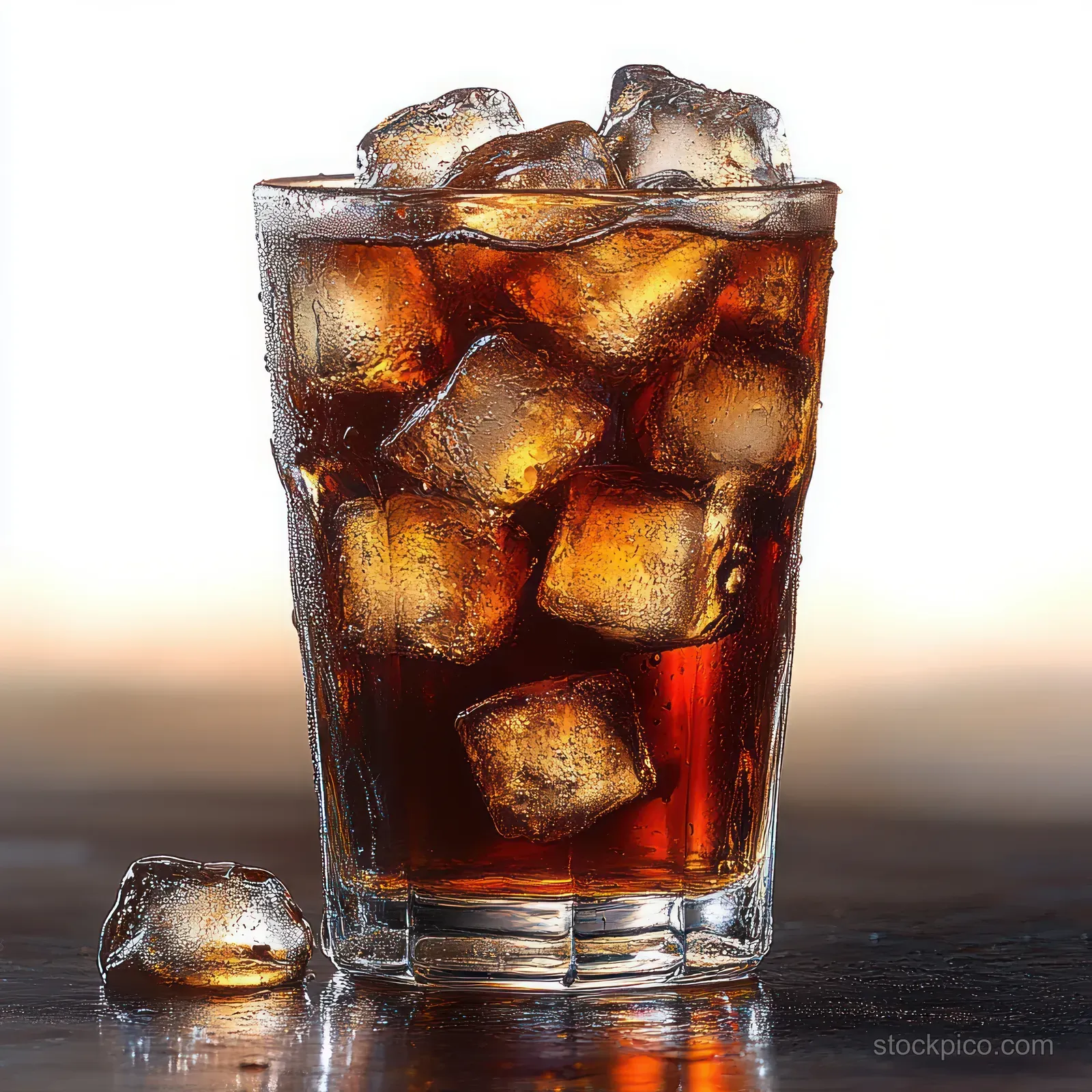 A clear glass filled with dark soda and ice cubes shows condensation and reflections on a reflective tabletop.