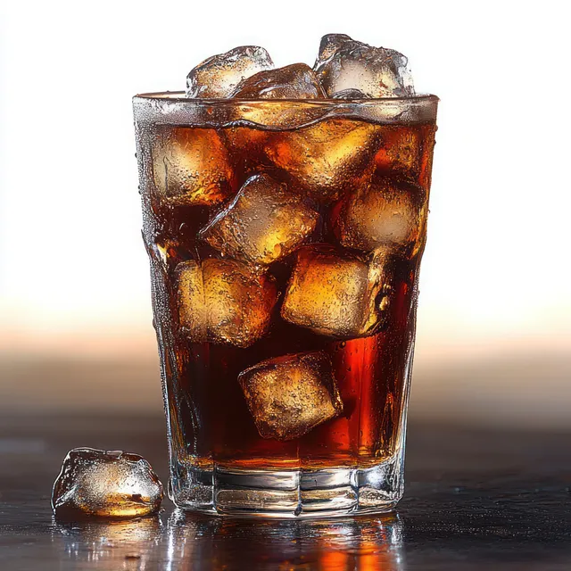 Glass of dark soda with ice cubes, condensation, and reflections on a tabletop