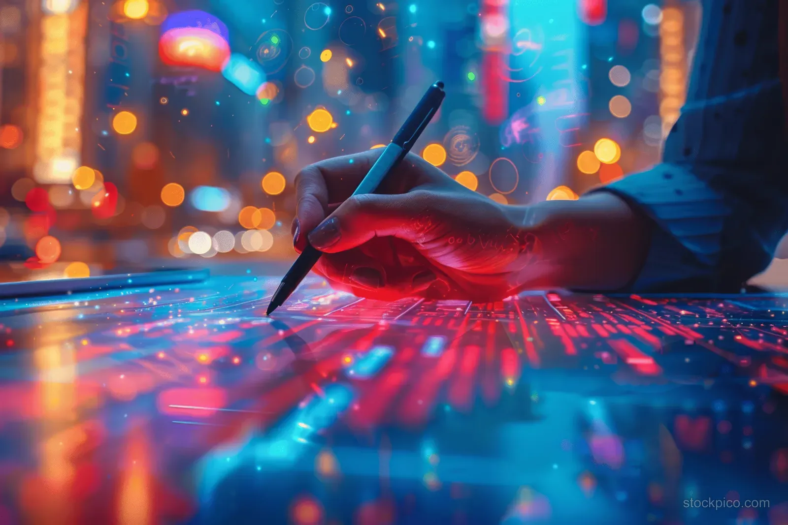A hand writes on a tablet surface with glowing checklist hologram icons above blurred night city lights.