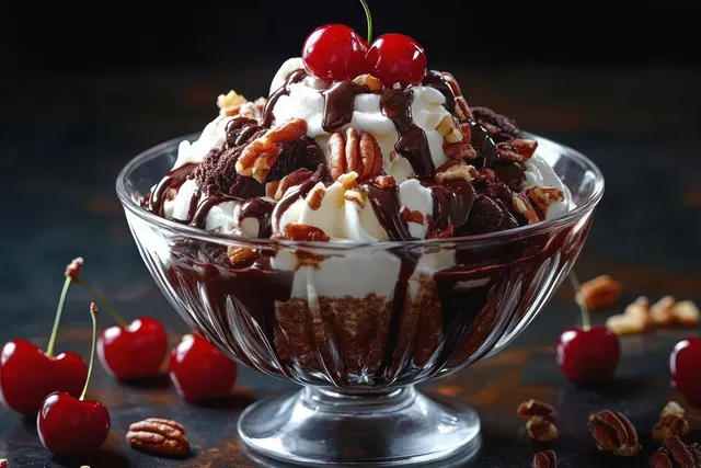 Chocolate sundae in a glass bowl topped with whipped cream, chocolate sauce, pecans, brownie pieces, and fresh cherries.