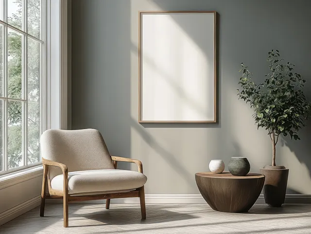 A minimalist chair and coffee table sit by a large window with plants and a blank framed artwork in soft morning light.