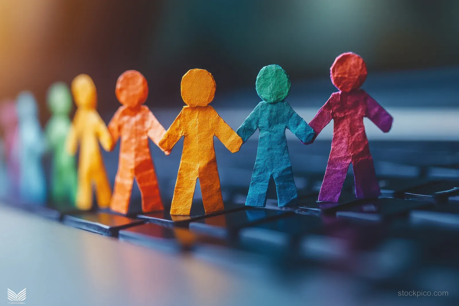 Colorful paper cutout people with linked hands stand along a laptop keyboard in warm, shallow depth of field lighting.