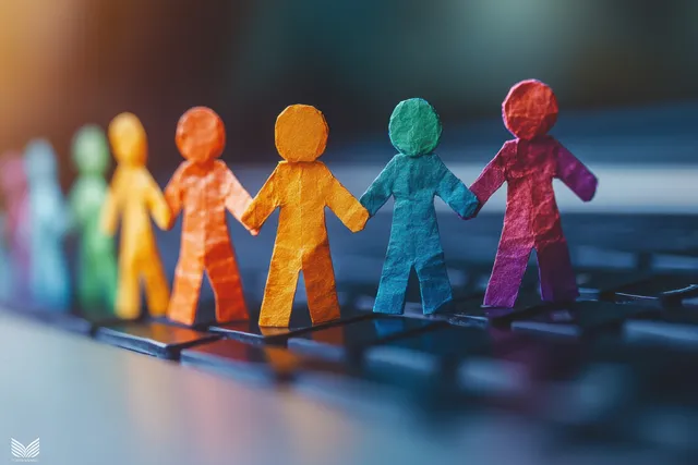 Colorful paper cutout people with linked hands stand along a laptop keyboard in warm, shallow depth of field lighting.
