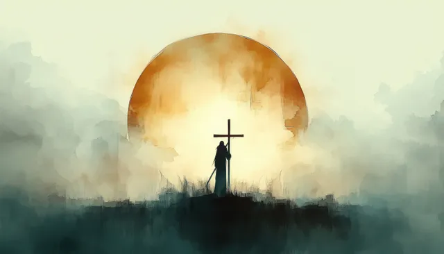 Jesus carrying the cross beneath a golden sun, solemn watercolor silhouette