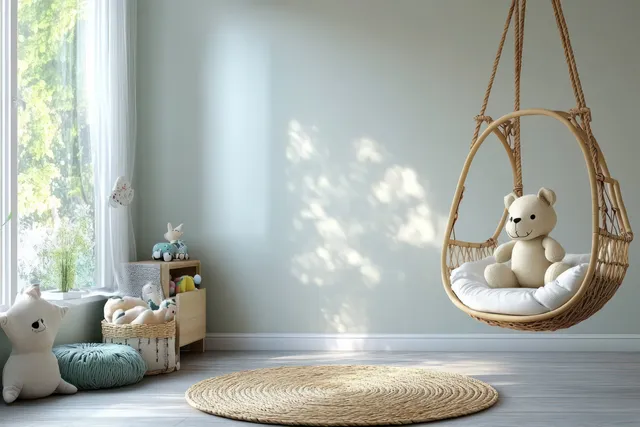 Cozy Scandinavian kids bedroom corner with plush toy swing and sunlit rugs