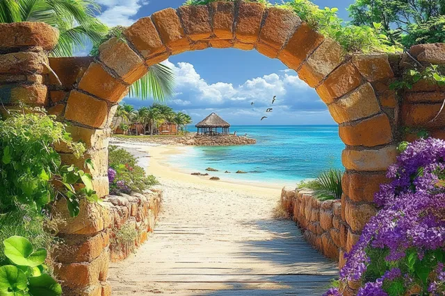 A stone archway frames a tropical beach with turquoise water, bungalows, palms, and purple flowers along the walkway.