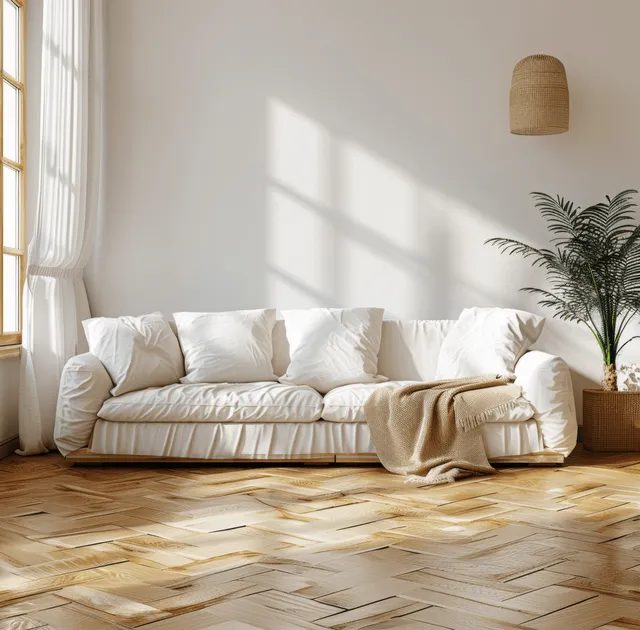 Sunlit coastal living room interior featuring a white sofa, wooden parquet floor, and a small potted plant beside the wall.