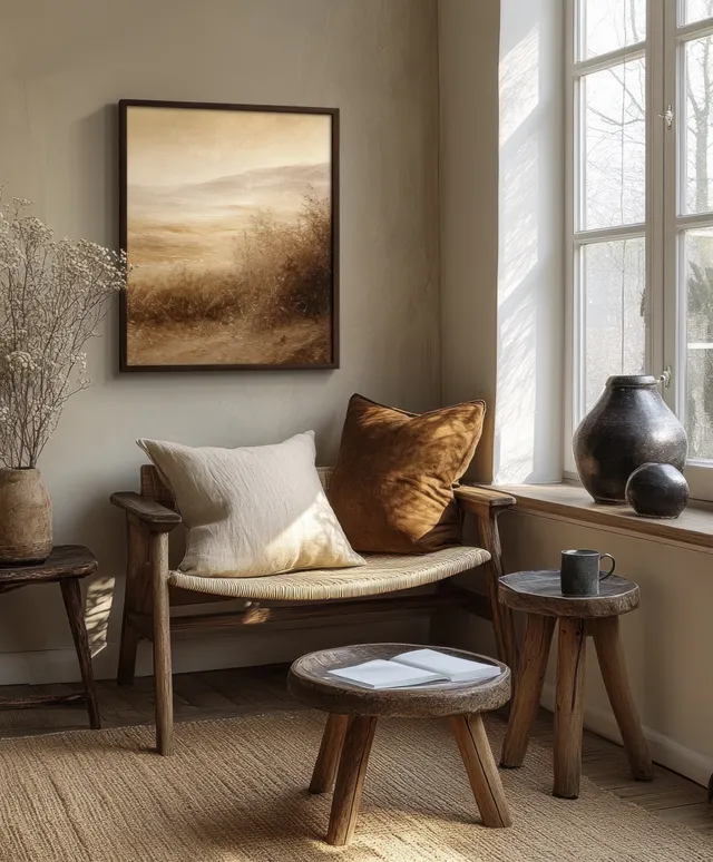 Minimalist framed artwork on a beige wall above a wooden bench with pillows by a sunlit window.