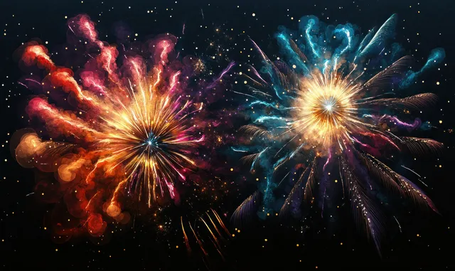 Impressionist fireworks burst over dark festival sky with swirling neon color trails