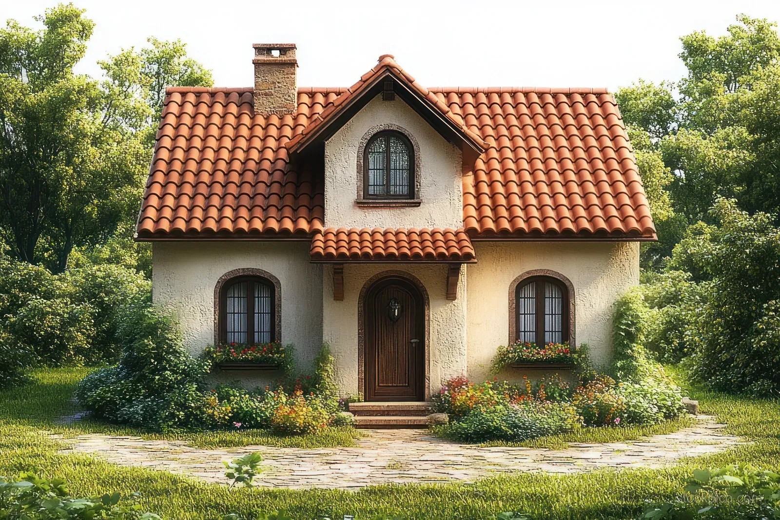 A cozy cottage with a red tiled roof and wooden door is surrounded by green bushes and colorful flowers along a stone path.
