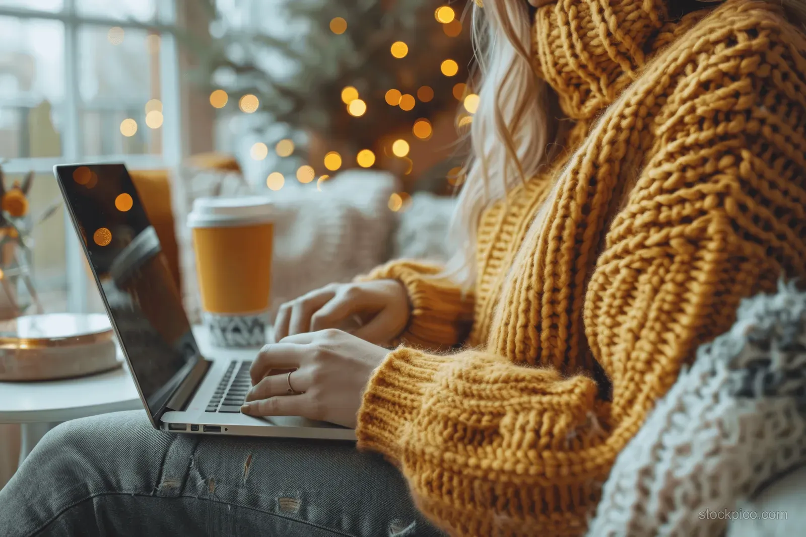 Hands typing on a laptop at a desk with a phone beside a glass of beer and warm bokeh lights behind.