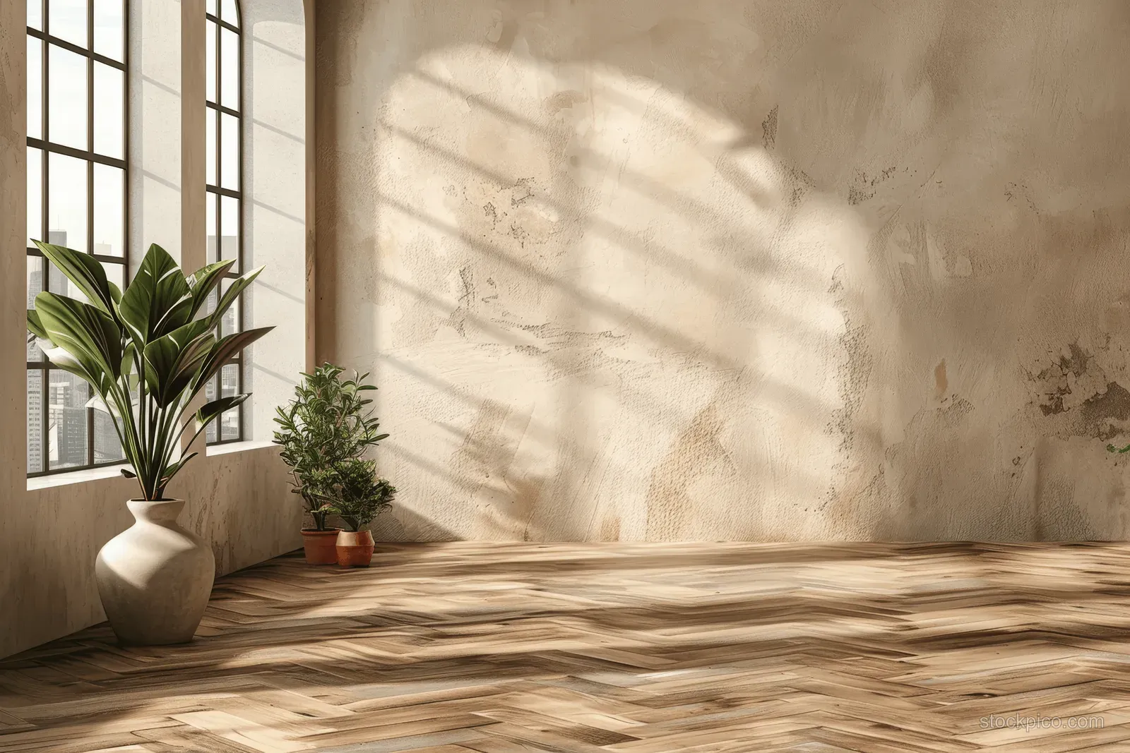 Sunlight streams through arched windows, creating shadows on a wooden floor near potted plants in a quiet interior room.