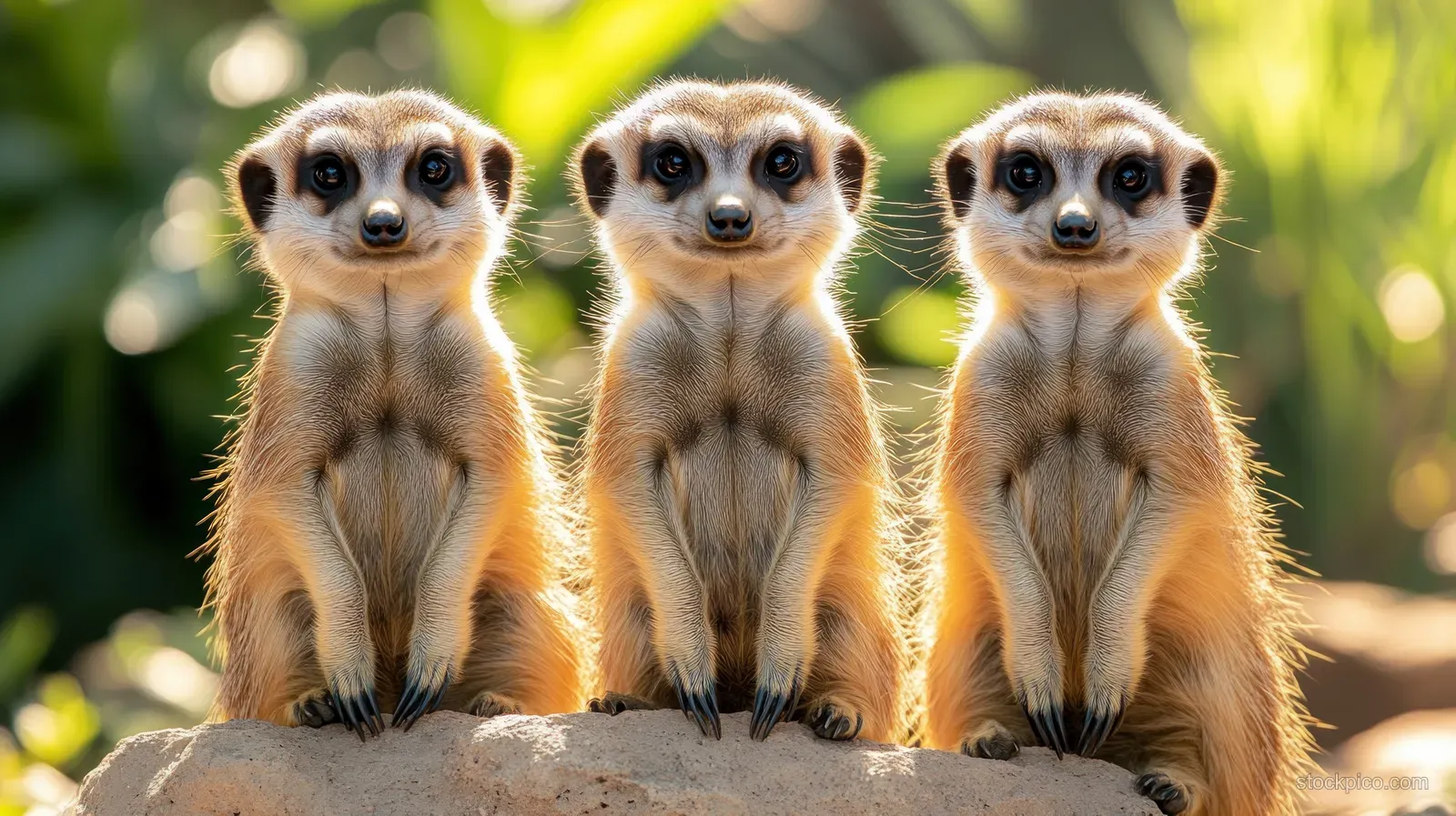 Three meerkats stand upright on a rocky outcrop, looking alert under bright sunlight.