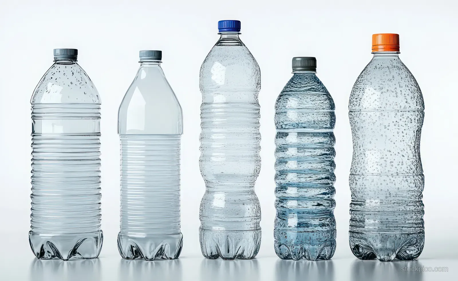Five transparent plastic water bottles of varying sizes stand side by side on a white background.