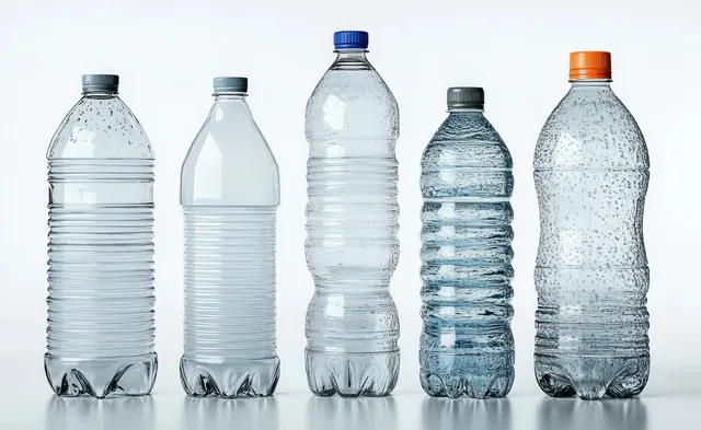 Assorted Transparent Plastic Water Bottles on White Studio Background
