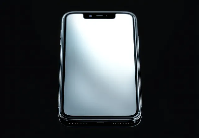 A front view smartphone with a reflective screen rests on a black surface with soft light highlights.