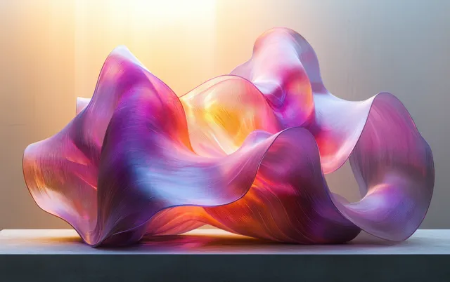 Translucent purple ribbon sculpture with glowing edges on a neutral floor under soft golden lighting.