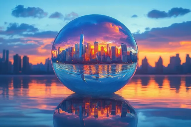 A clear glass sphere on still water reflects a sunset city skyline under orange and blue clouds.