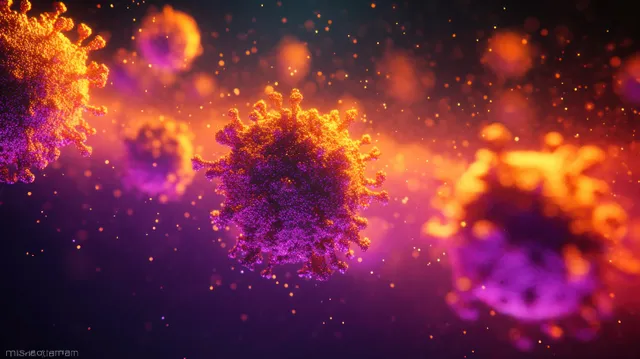 Measles-like virus particles floating in dark space with glowing purple and orange cores
