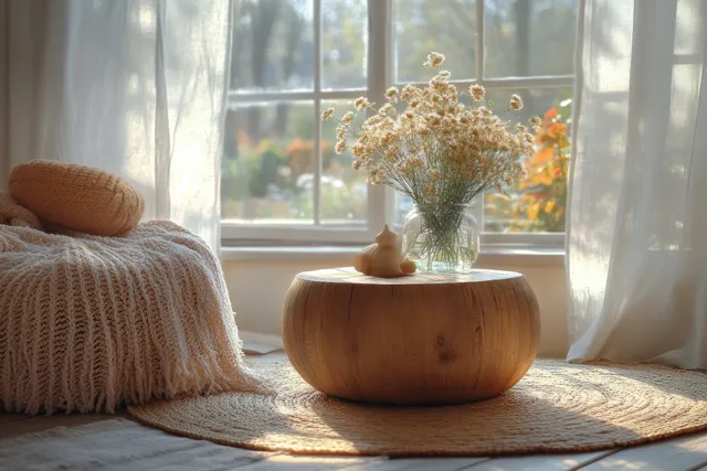 Cream sofa and knit blankets beside a window, with a wooden table holding a lit dried flower arrangement.
