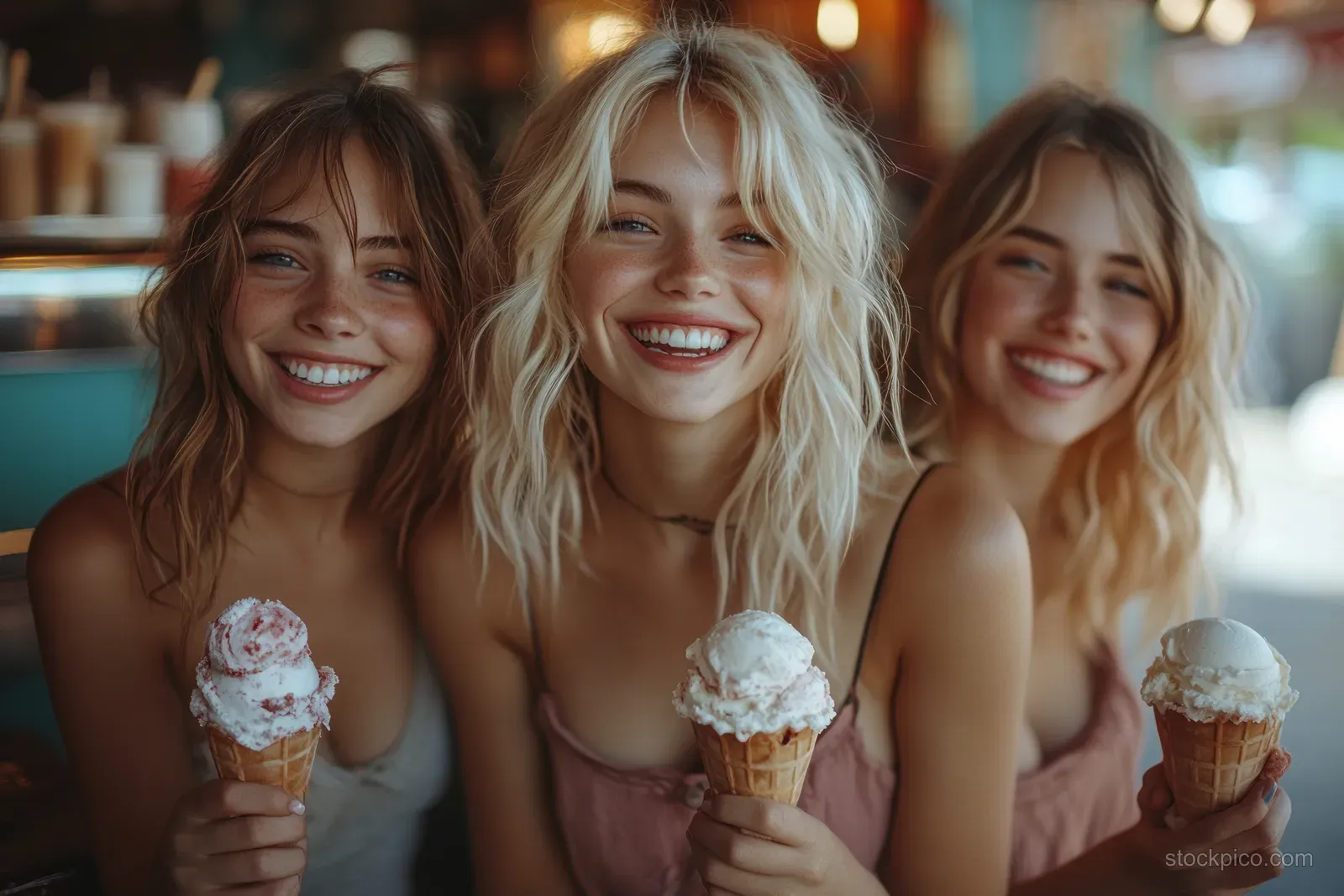 Three smiling women hold ice cream cones together on a sunny city street.