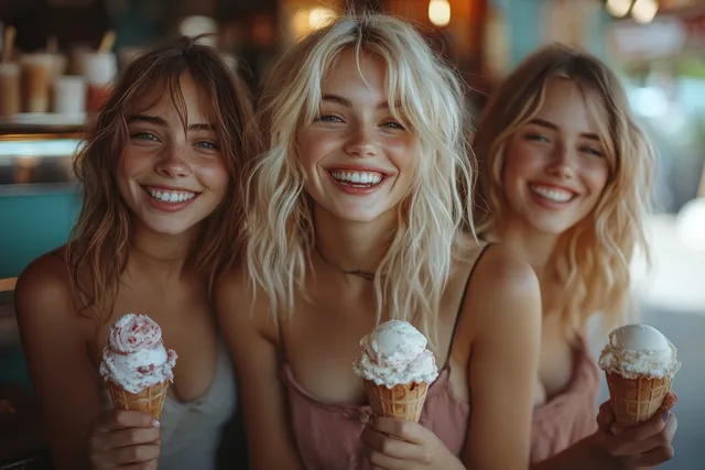 Three friends laughing while sharing ice cream cones on a sunny city sidewalk