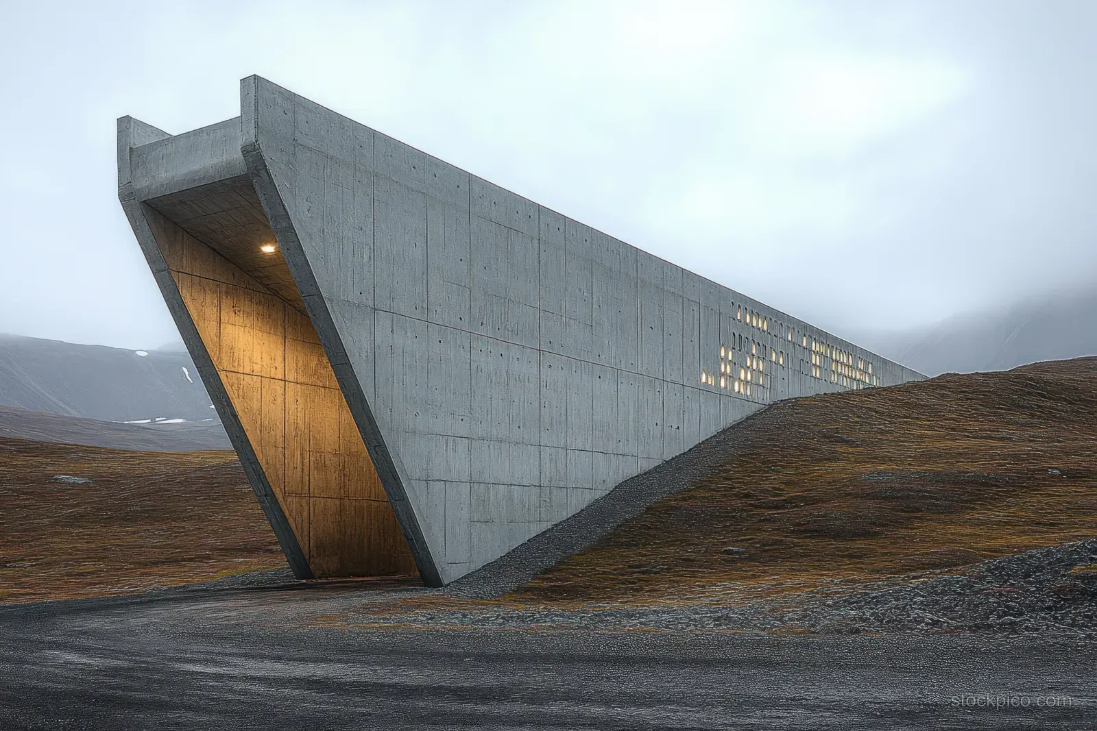 Gray triangular concrete building embedded in a grassy hillside with warm light glowing under a cloudy sky.