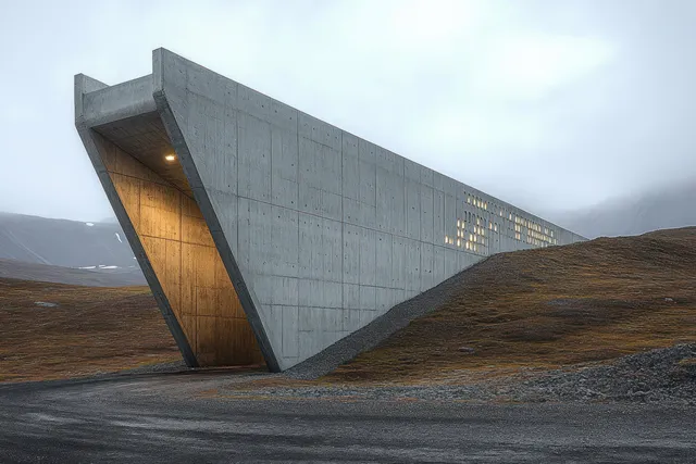 Gray triangular concrete building embedded in a grassy hillside with warm light glowing under a cloudy sky.
