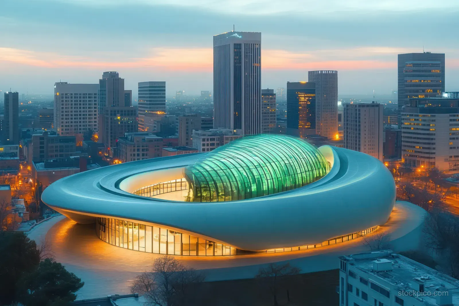 A futuristic stadium dome glows at dusk with Wichita downtown high-rise buildings in the background.