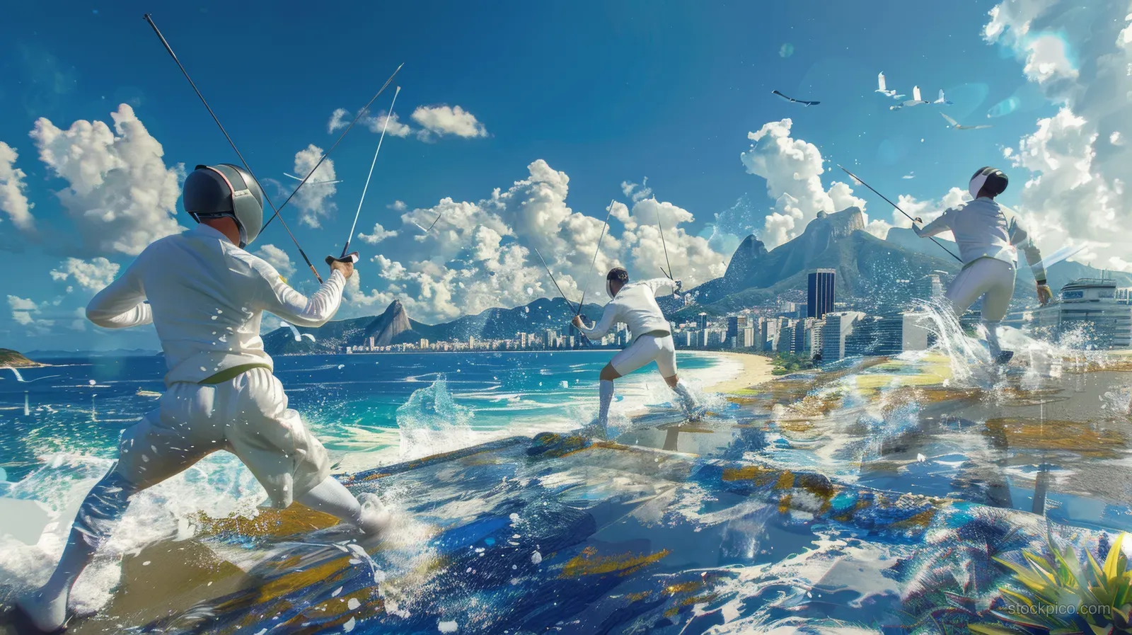 Modern pentathlon fencers from France spar as sparks fly outdoors under dramatic Rio sky.