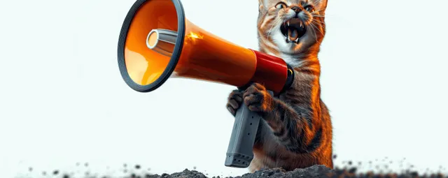 A cute tabby kitten holds a megaphone, as if promoting an offer on a retro banner background.