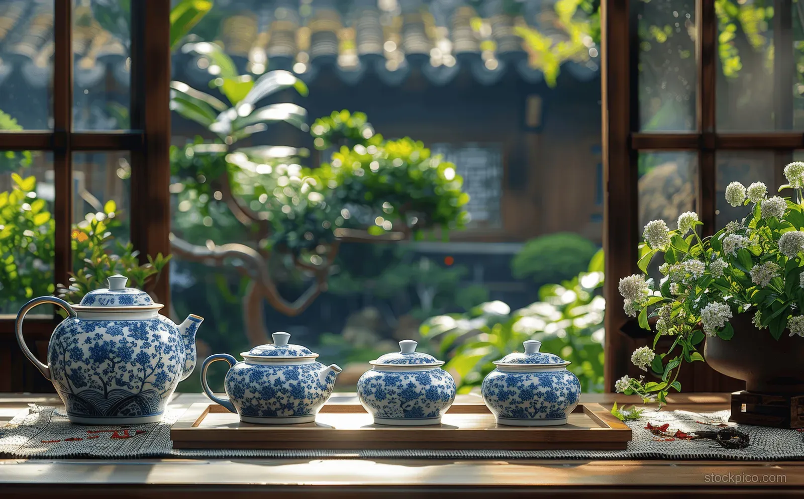 Blue and white porcelain teapot and tea cups on a wooden table in a courtyard with flowers and sunlight.