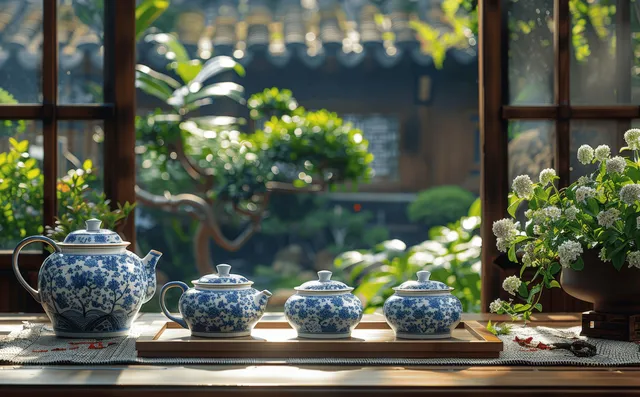 Blue and white porcelain teapot and tea cups on a wooden table in a courtyard with flowers and sunlight.