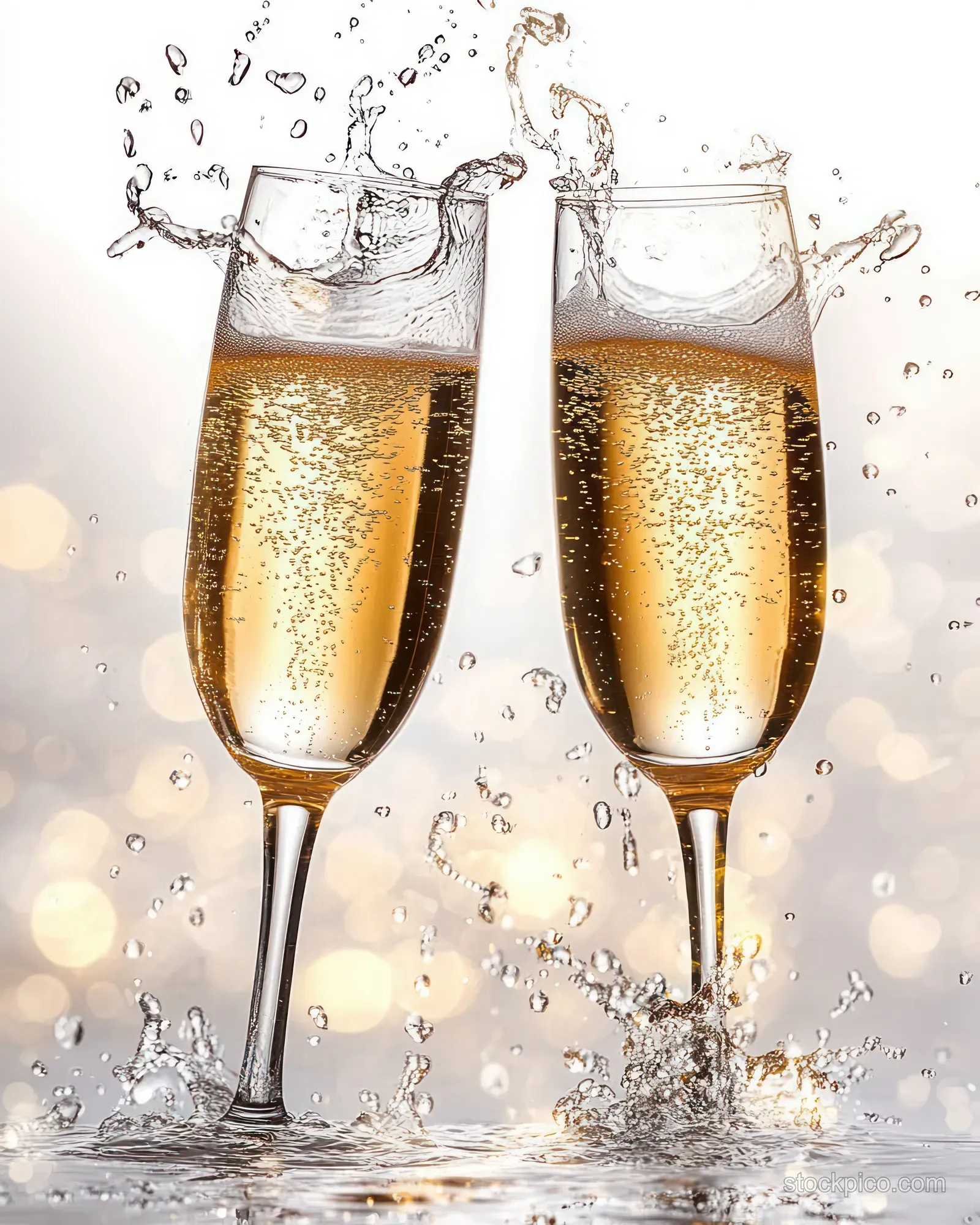 Two champagne glasses clink as bubbly golden liquid splashes upward with sparkling droplets and soft lights behind.