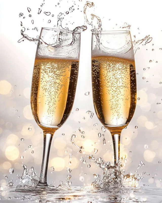 Two champagne glasses clink as bubbly golden liquid splashes upward with sparkling droplets and soft lights behind.