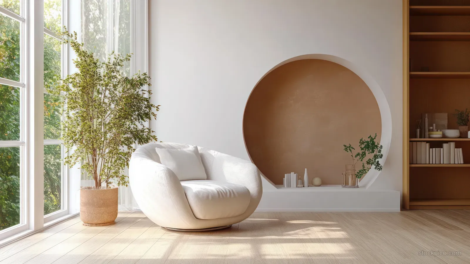 Sunlit Scandinavian living room with a white pod chair, arched mirror, and wooden parquet floor near a large window with plants.
